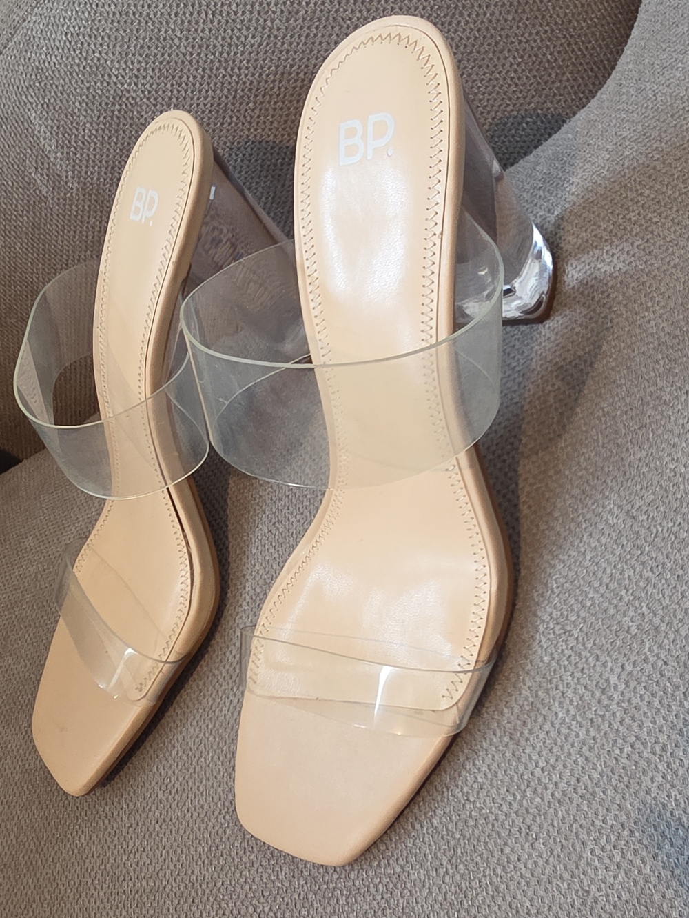 bp Clear Strap Beige Heeled Slides
